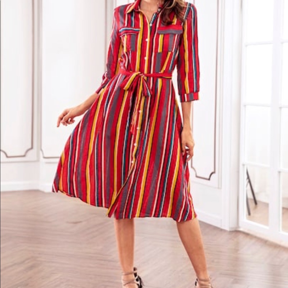 Belted Long 3/4 Sleeve Button Up Striped Dress Red